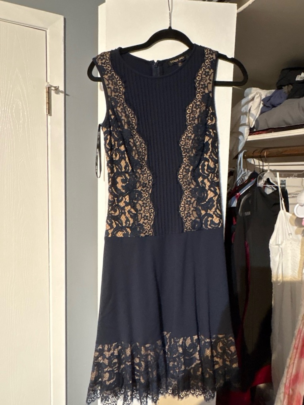 Tadashi Shoji Navy and Nude Lace-Overlay Fit-and-Flare Dress